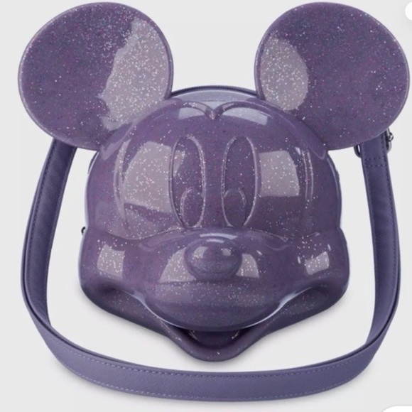 Loungefly Handbags - Disney Parks Loungefly Mickey Mouse 3D Head Purple Glitter Crossbody Bag NEW